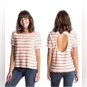 ROXY Coral Striped Open Back Knit Short Sleeve Tee